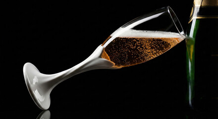 A modern champagne flute with a white sculptural stem leans against a dark bottle, filled with golden sparkling bubbles.