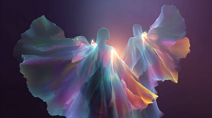 Abstract luminous wings emerging from feminine silhouette