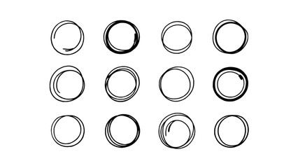 Collection of twelve hand-drawn, sketchy black circles and outlines in a grid layout, perfect for design elements.