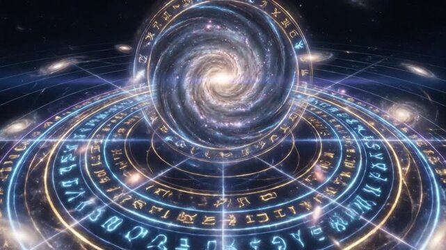 Mystical magic galaxy spiral portal with arcane circles and symbols