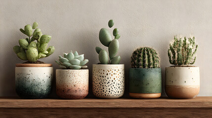 Collection of five different cacti and succulents in ceramic pots arranged on a shelf against a minimalist neutral wall background