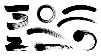Collection of black ink brush stroke graphics, including a zen enso circle, wavy lines, and splatters, set against a white background