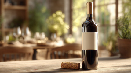 Scene set in kitchen. Mockup of luxury alcohol drink. Bottle red wine with blank label and cork on a table. High-end product display.