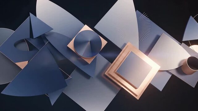 Abstract geometric composition featuring triangles, circles, and squares in blue and copper tones.