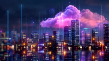 Futuristic city neon skyline with cyberpunk cloud and digital rain, modern architecture night reflection colorful urban light - Powered by Adobe
