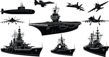 Modern naval warship and military aircraft silhouette vector illustration set, aircraft carrier, destroyers, submarine and fighter jets, black defense collection for strategic design use © Farzana