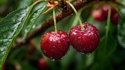 Fresh cherries ripening on a tree branch with water droplets in a summer garden