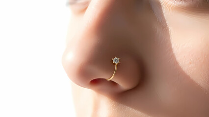 Subtle Teen Beauty Detail Showing Gold Nose Pin Isolated on White