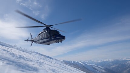 Helicopter Skidding Across Snowy Ridge with Rotors Spinning in Clear Blue Sky