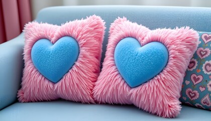 pink plush cushions with blue heart decorations, whimsical 3d render