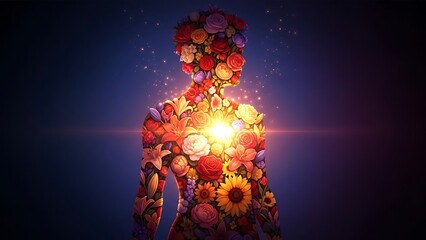 Divine Feminine Bloom: Glowing Human Silhouette Embodied by Vibrant Flowers, Symbolizing Inner Light, Spiritual Awakening, and Natural Beauty Art.