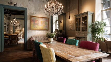 Elegant dining room interior with chandelier and large wooden table