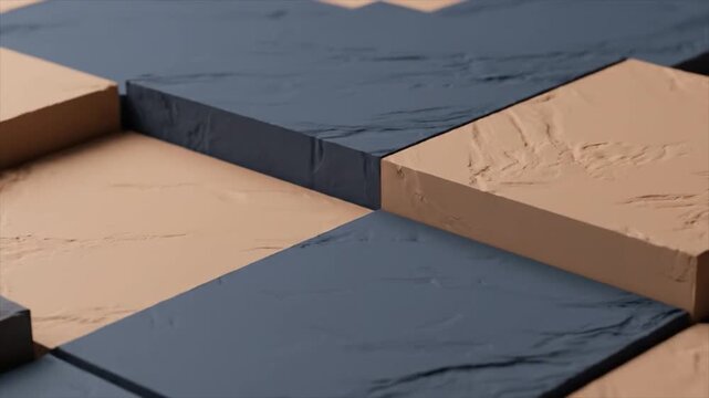 Geometric shapes arranged in a complex 3D structure on a textured surface viewed from above