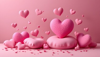 floating heart themed pink cushions, smooth texture, modern 3d illustration