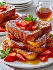 Stacked French toast topped with strawberries and mint, drizzled with syrup, creating a delightful breakfast scene with rich colors and inviting textures