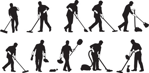 Obraz premium Man cleaning with various vacuum silhouettes