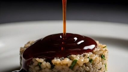 A close-up shot of a thick, dark sauce pouring onto a mound of savory rice on a white plate