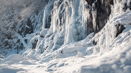 Frozen waterfall with icicles and snow during winter season scenery