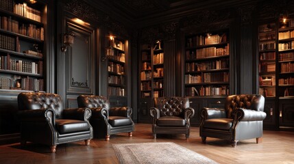 Elegant library interior with leather armchairs and bookshelves
