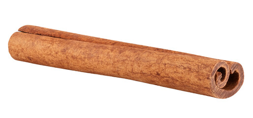 One cinnamon stick isolated on a white background. Fragrant and aromatic spice, perfect for baking and cooking.