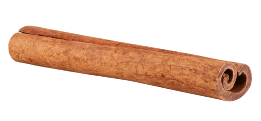One cinnamon stick isolated on a white background. Fragrant and aromatic spice, perfect for baking and cooking.