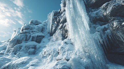 Frozen waterfall and mountain ice winter landscape under a blue sky