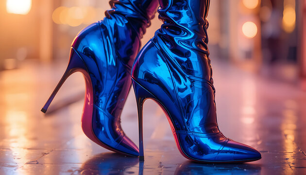 Woman wearing shiny blue high heel boots on city street