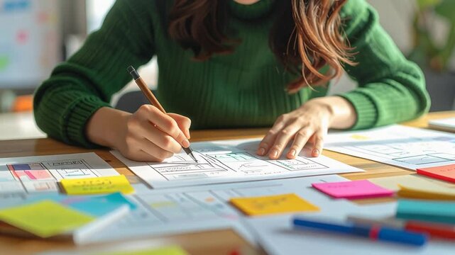 付箋に囲まれた机で作業する女性が創造的思考を進める