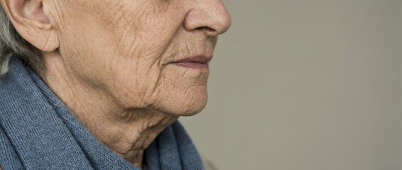 Fototapeta premium Senior woman in profile closeup, her face showing the natural process of aging with wrinkles and gray hair, representing wisdom and the progression of time