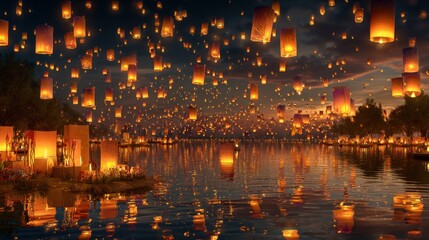 Floating lanterns over water reflecting lights at night