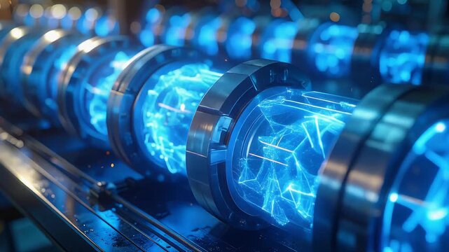青い発光を伴う工業配管が高度に制御されたエネルギー工程を示す