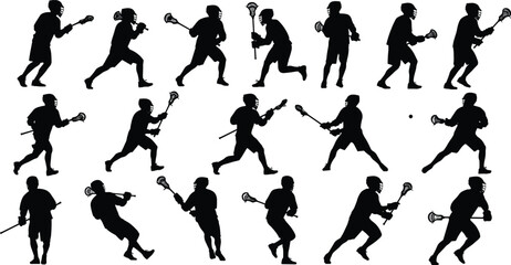 Lacrosse player silhouettes set, male athletes in action poses running, shooting, and defending with sticks, professional sports vector illustration for competition and team branding