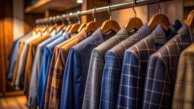 木製ハンガーに掛けられた複数のスーツが奥行きをもって並ぶ高級感のある店内風景