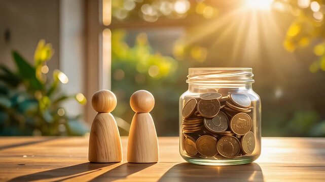 朝の柔らかな光を受けて木製人形と硬貨の瓶が並ぶ資産形成を連想させる情景