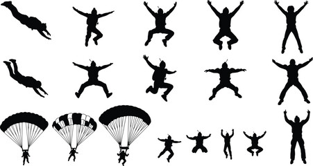 Set of skydiver silhouettes in various flying positions, extreme sport parachuting icons, skydiving jump maneuvers, and parachute landing vector illustrations for adventure designs. © MDRAZIURRAHMAN