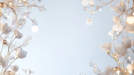 Festive winter holiday background with shimmering frosted twigs creating border for copy space glowing lights