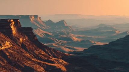 Dramatic landscape with mesas and canyons at sunset golden hour