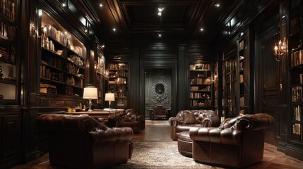 Elegant library interior with leather armchairs and bookshelves in luxury design