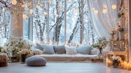 Cozy winter interior with window pillows candles and decorative lights
