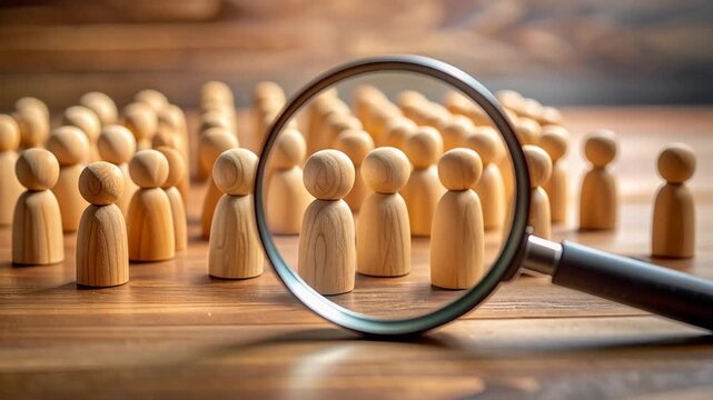 拡大鏡で人型オブジェの集団を観察する選別や分析を連想させる象徴的構図