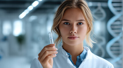 Young female scientist holding test tube in modern laboratory, focused expression, biotechnology research, DNA helix background