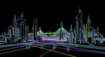 Futuristic cityscape illustration with glowing neon lines on black