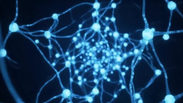 A close-up, abstract, 3D render of a neural network, with glowing cyan nodes and interconnected, branching pathways against a dark, deep blue background - close-up, abstract, render, neural, network