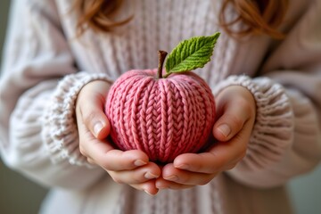 knitted apple held gently, minimal color palette, stock friendly framing