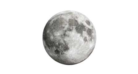Full Moon High-Resolution Image with Crater Details and Lunar Surface Texture Isolated on Transparent Background