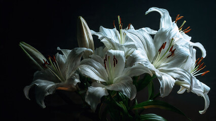 white lilies on dark background 
