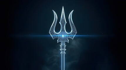A stylish and sacred Lord Shiva Trishul (trident) weapon standing majestically in a dark cosmic environment