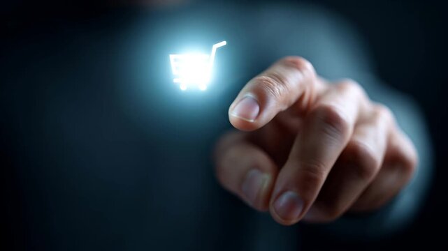 pointing finger touching shopping cart icon on touchscreen display on dark background. icon start glowing. user interface interaction with holographic display for placing order online