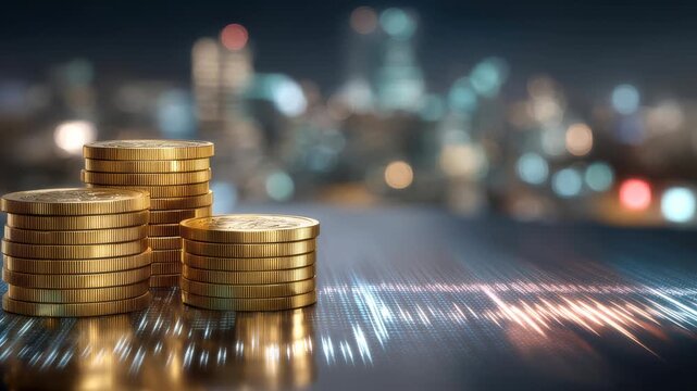 Gold coin stack finance investment money savings currency wealth economy growth profit capital market digital city skyline