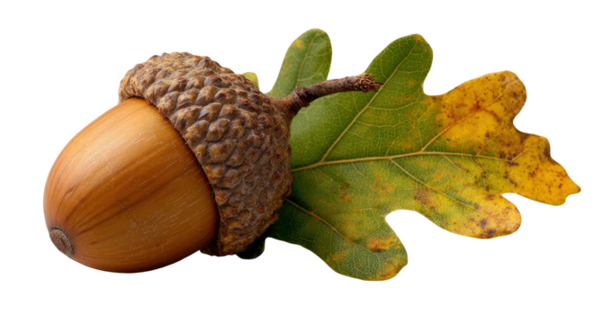 Realistic Acorn with Leaves and Stem Isolated on Transparent Background - Powered by Adobe